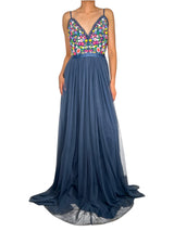 Vestido Maxi Tul Azul Flores