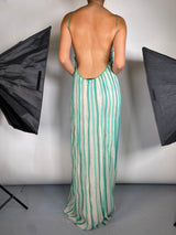 Vestido Beige Con Líneas Verde Agua