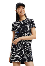 Vestido Desigual Corto Símbolos Negro - Calce Regular