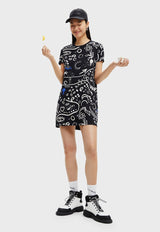 Vestido Desigual Corto Símbolos Negro - Calce Regular