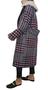 Faux Fur Collar Check Coat