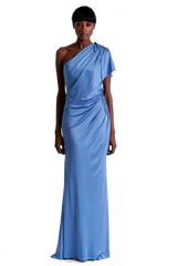 Vestido largo de seda Azul Rey con un solo hombro (5256562671751)