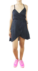 Vestido Mini Lino Escote Cruzado Negro