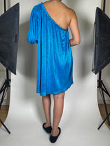 Vestido Asimétrico Azul Metalizado