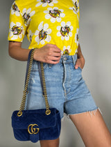 Blue Quilted Velvet GG Marmont Mini Shoulder Bag