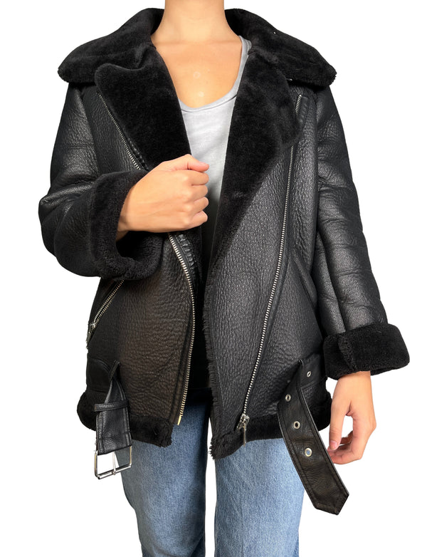 Chaqueta Negra Aviadora Cuero Sintético