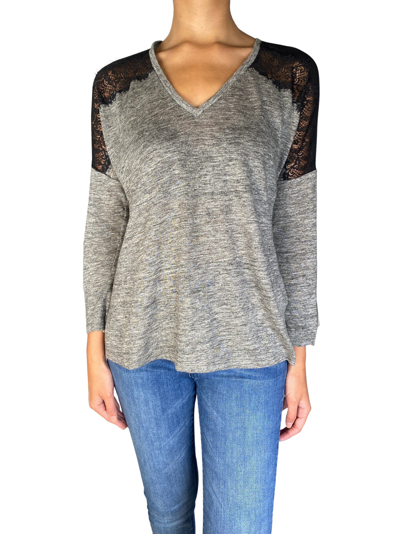Polera Gris Manga Larga Encaje