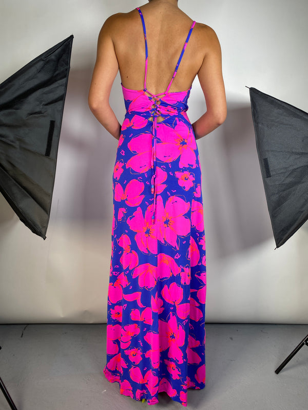 Vestido Azul Flores Fucsia