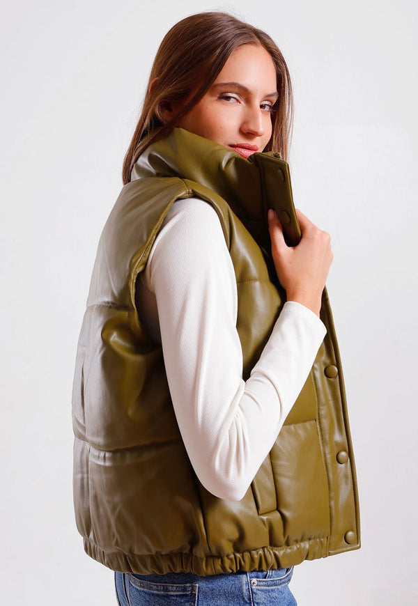 Chaqueta Puffer Jacqueline de Yong Lucy Faux Leather Verde - Calce Regular