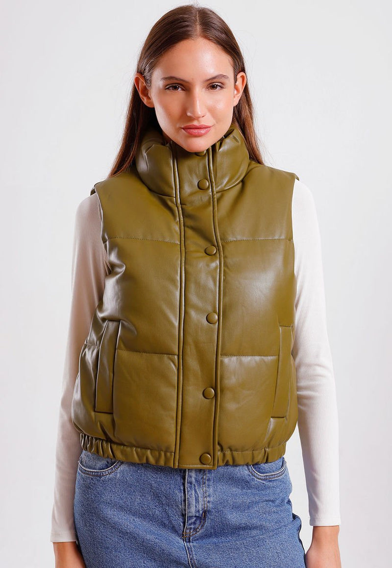 Chaqueta Puffer Jacqueline de Yong Lucy Faux Leather Verde - Calce Regular