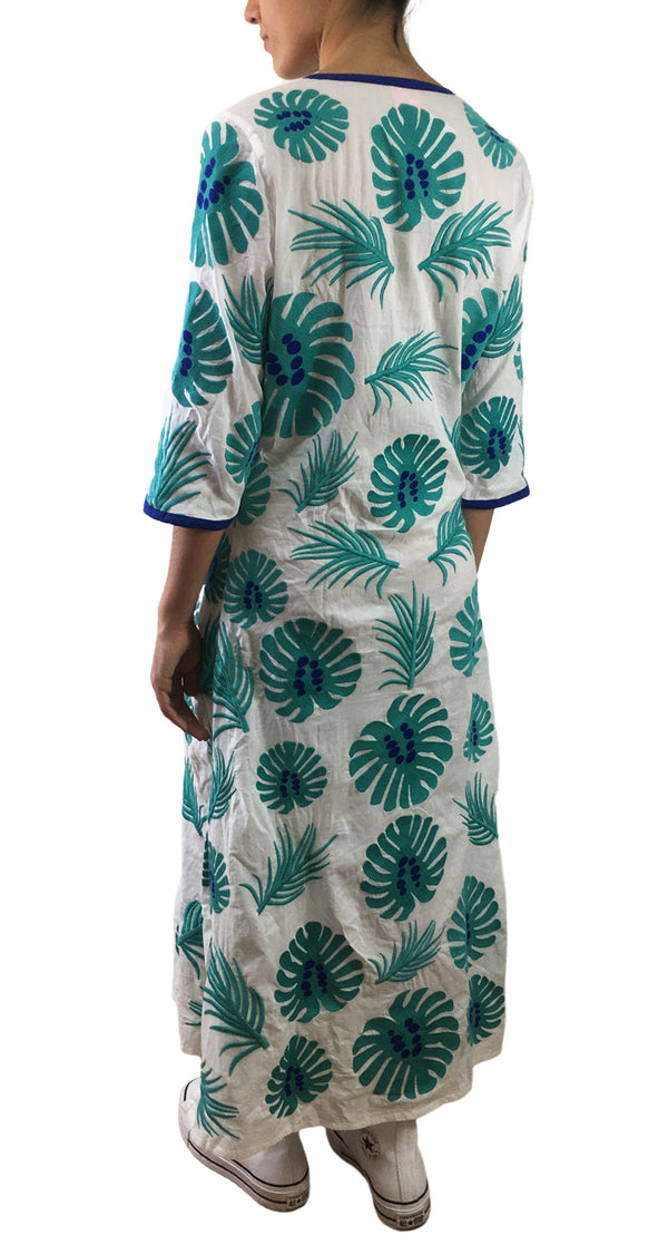 Vestido Túnica Hojas Bordadas Azul