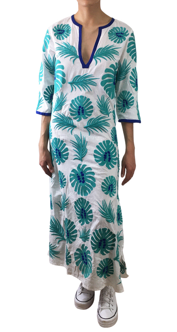 Vestido Túnica Hojas Bordadas Azul