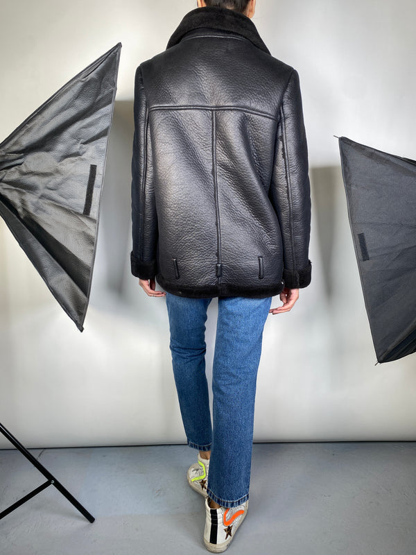 Chaqueta Negra Aviadora Cuero Sintético