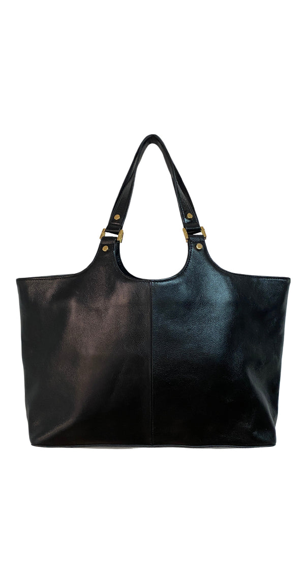 Black Leather Bombe Tote