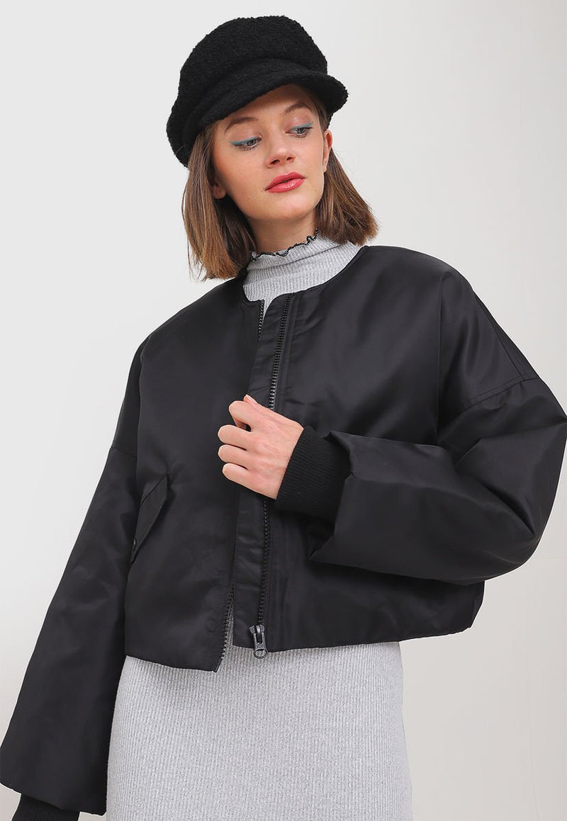 Bomber Topshop Cropped Collarless Negro - Calce Holgado