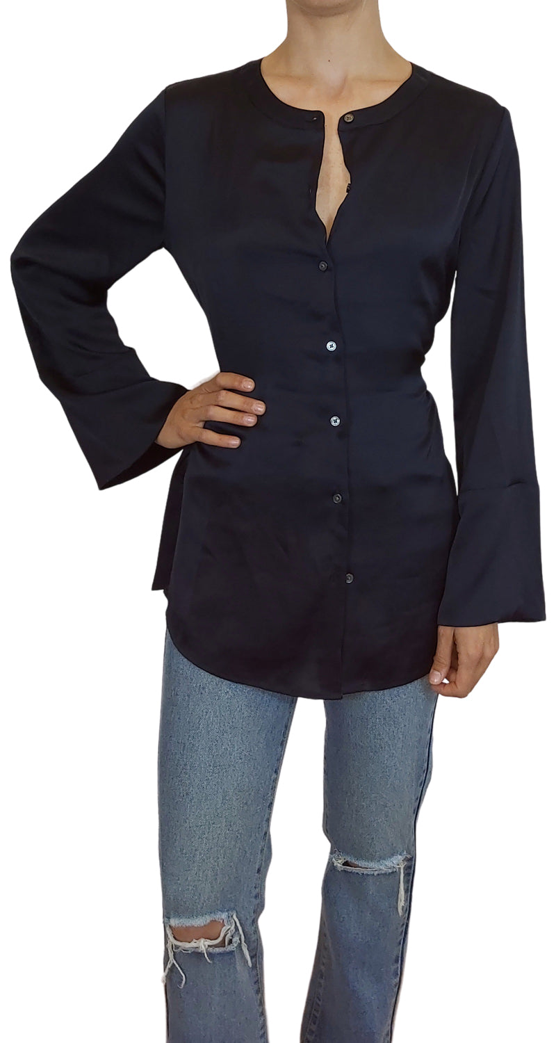 Blusa Navy Satin Belted Tunic
