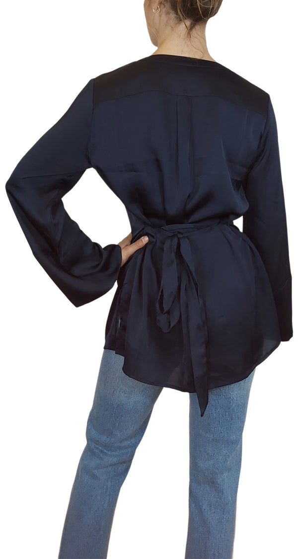 Blusa Navy Satin Belted Tunic