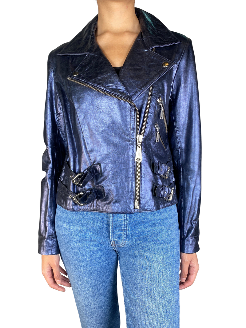 Chaqueta de Cuero Azul Metalizado