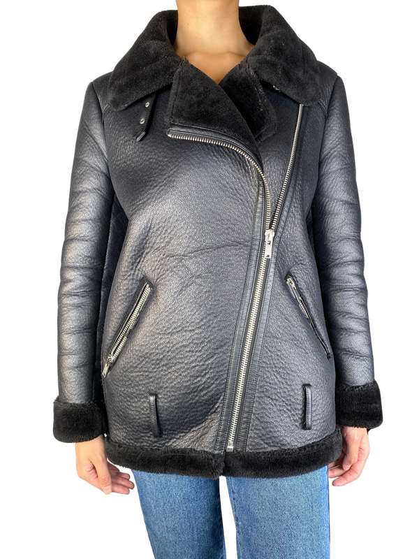 Chaqueta Negra Aviadora Cuero Sintético