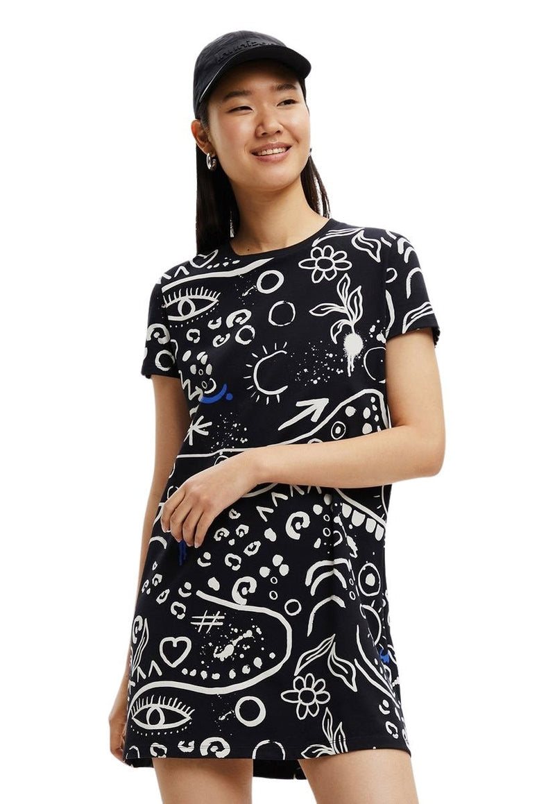 Vestido Desigual Corto Símbolos Negro - Calce Regular