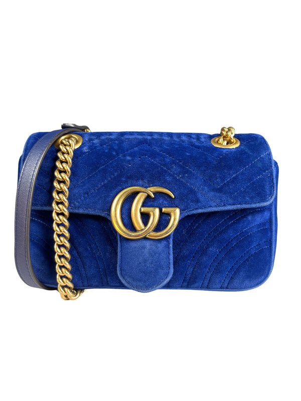 Blue Quilted Velvet GG Marmont Mini Shoulder Bag