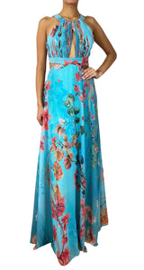 Vestido Plisado Floral Turquesa