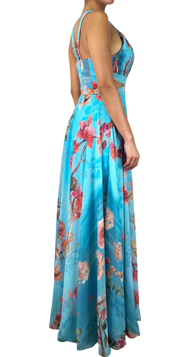 Vestido Plisado Floral Turquesa