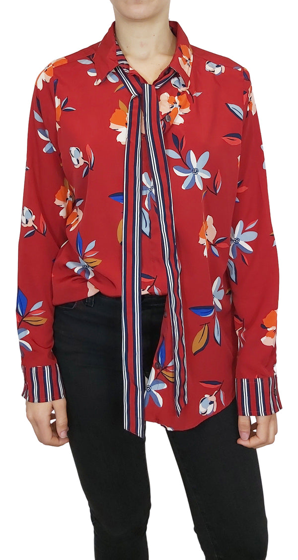 Blusa Roja Floral con Lazo en Cuello