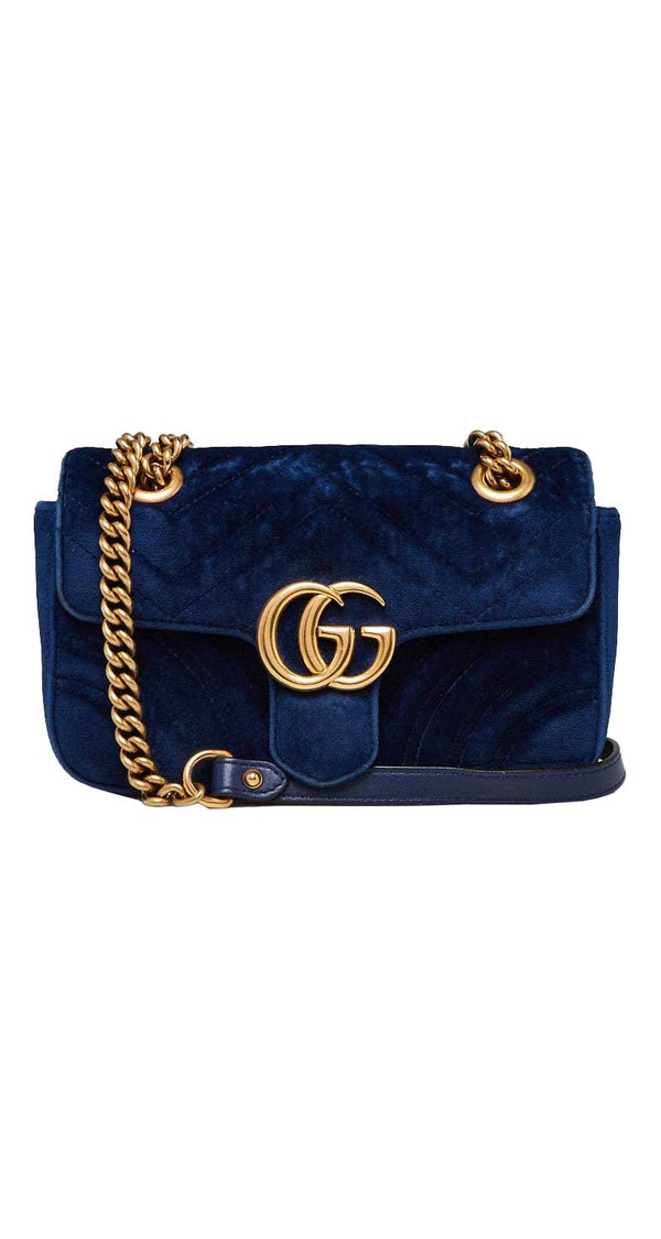 Blue Quilted Velvet GG Marmont Mini Shoulder Bag