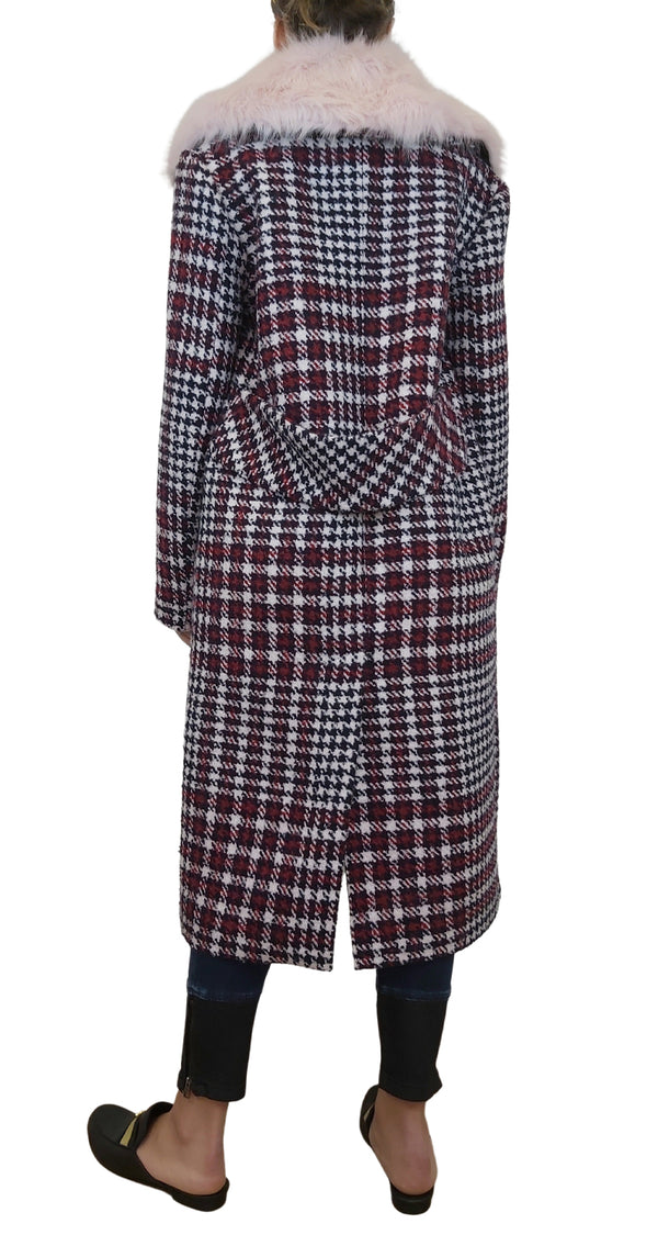 Faux Fur Collar Check Coat