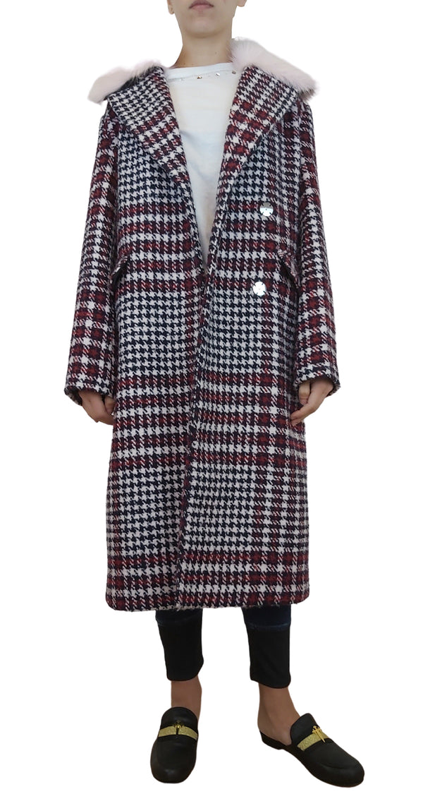 Faux Fur Collar Check Coat