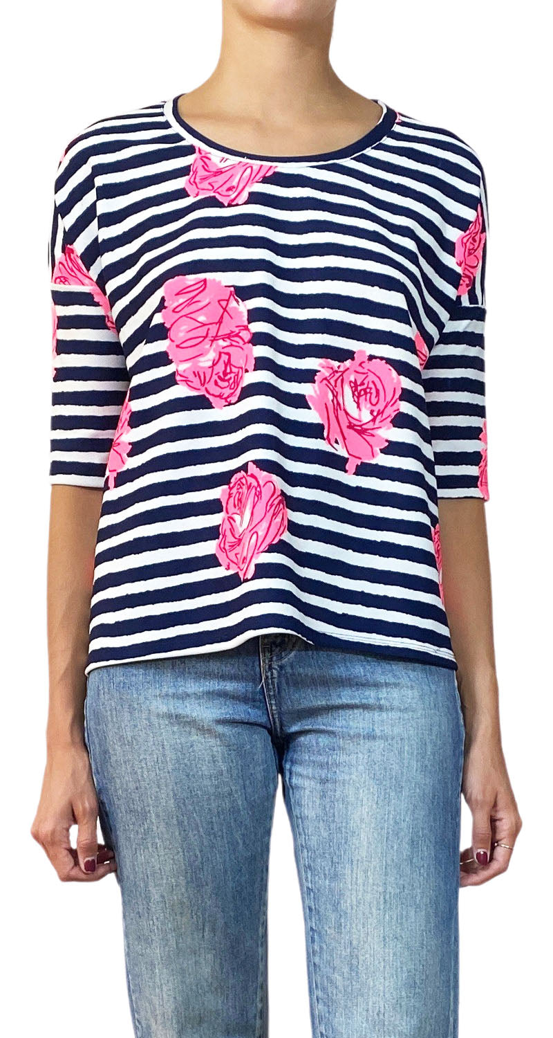 Polera Rayas Azul Flores
