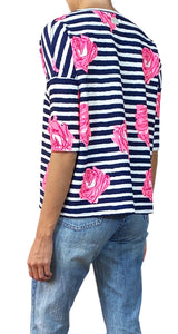 Polera Rayas Azul Flores