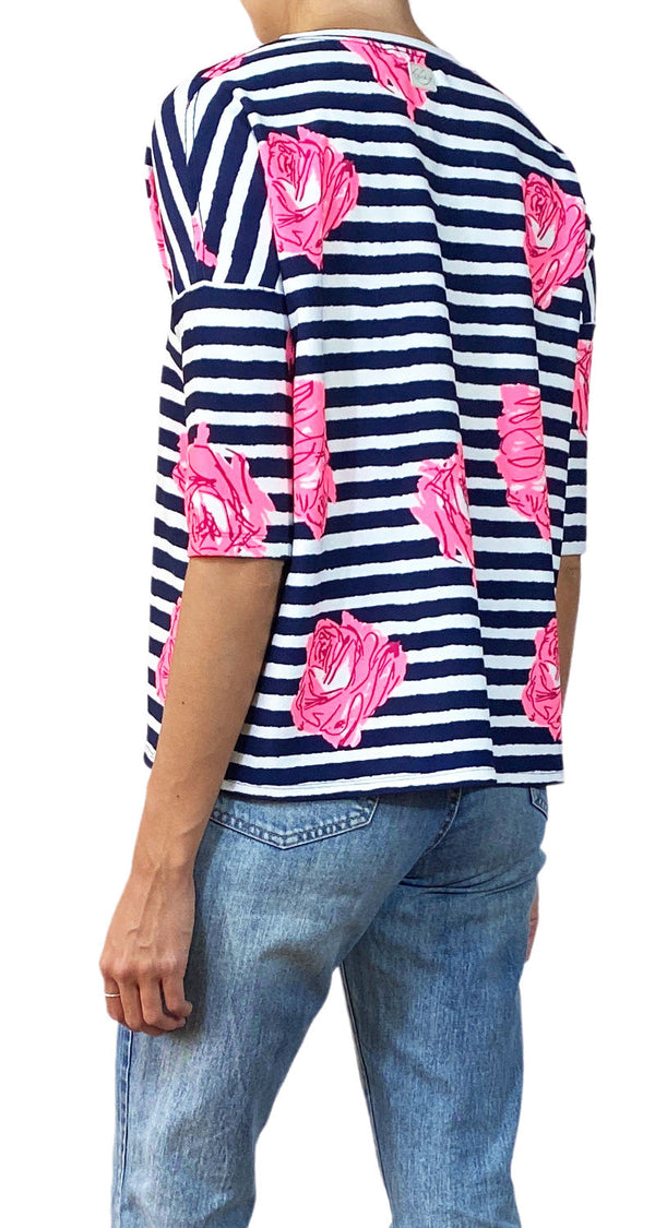 Polera Rayas Azul Flores