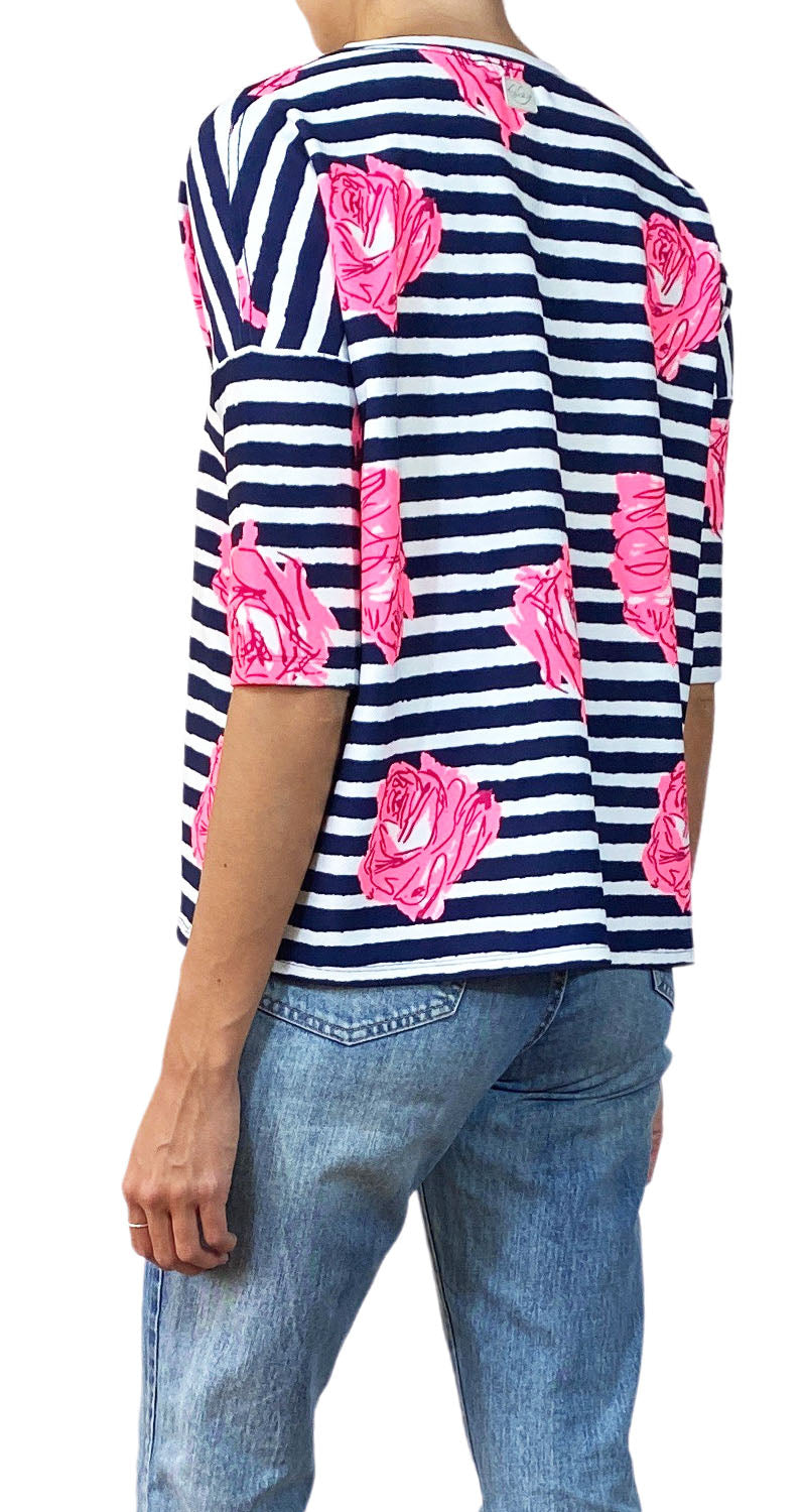 Polera Rayas Azul Flores