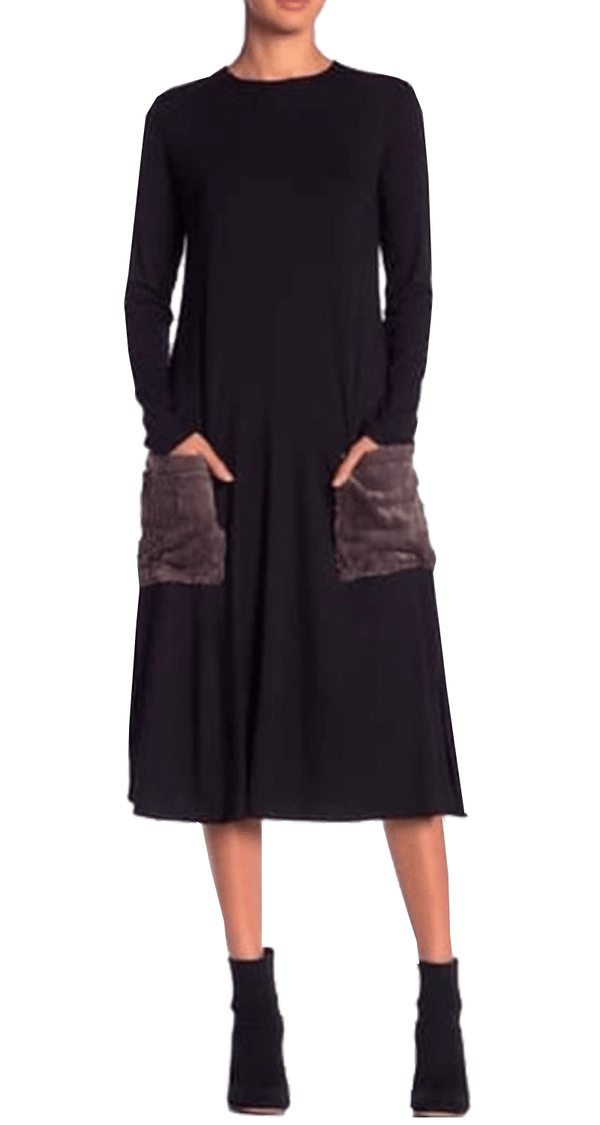 Vestido A-Line Faux Fur & Printed Pocket