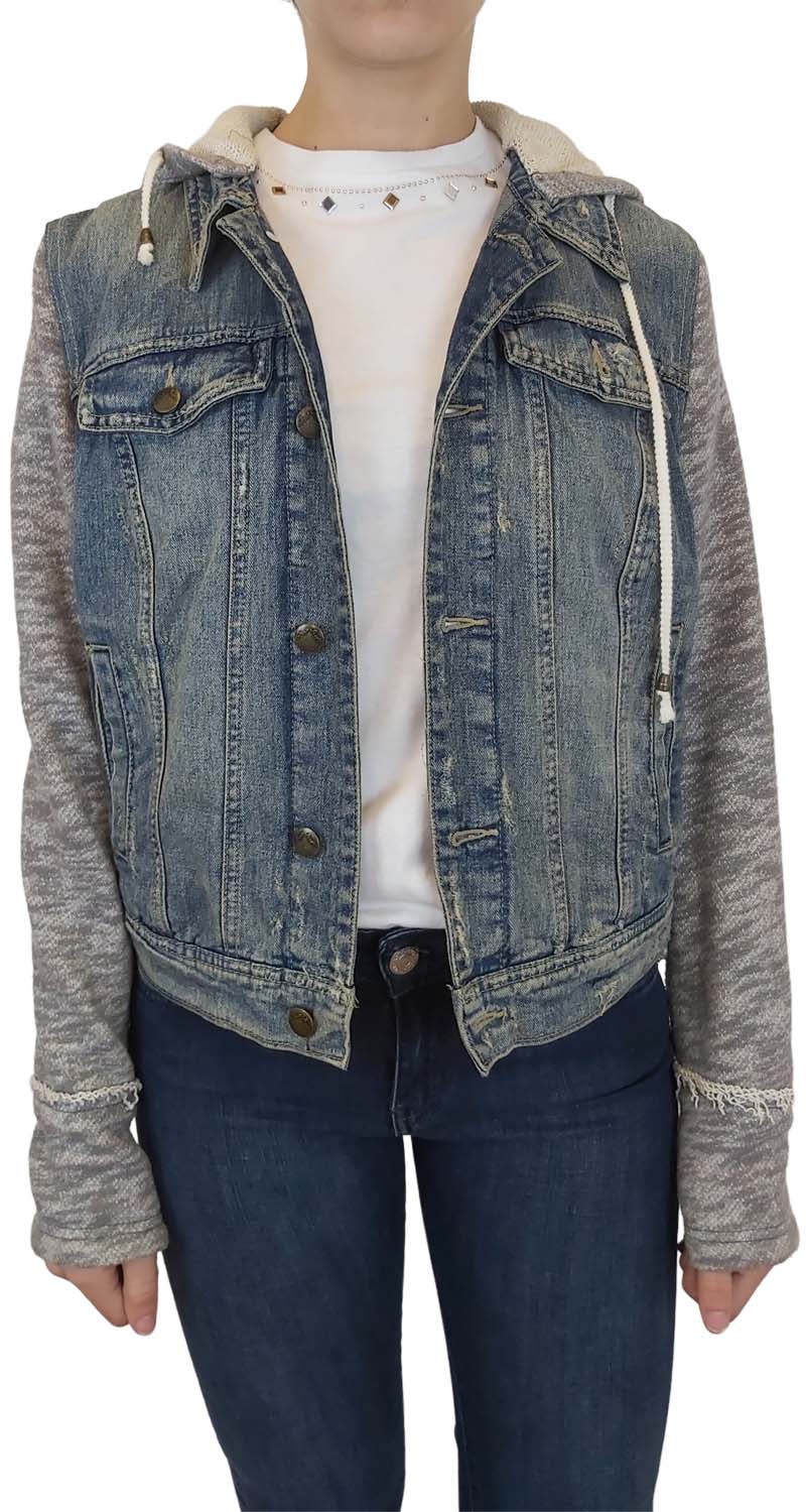 Denim And Knit Hooded Jacket
