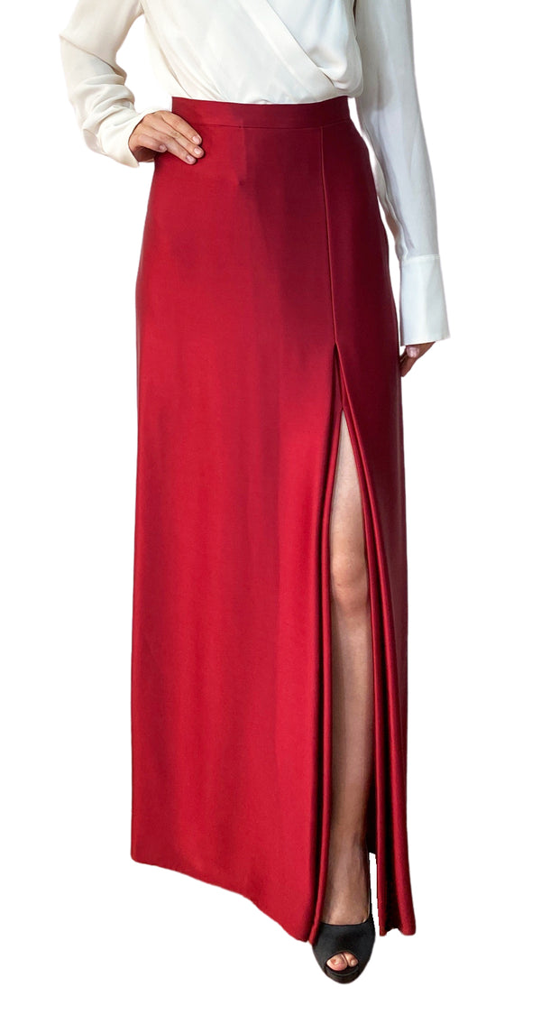 Falda Roja Abertura Detalle Plizado Carolina Herrera