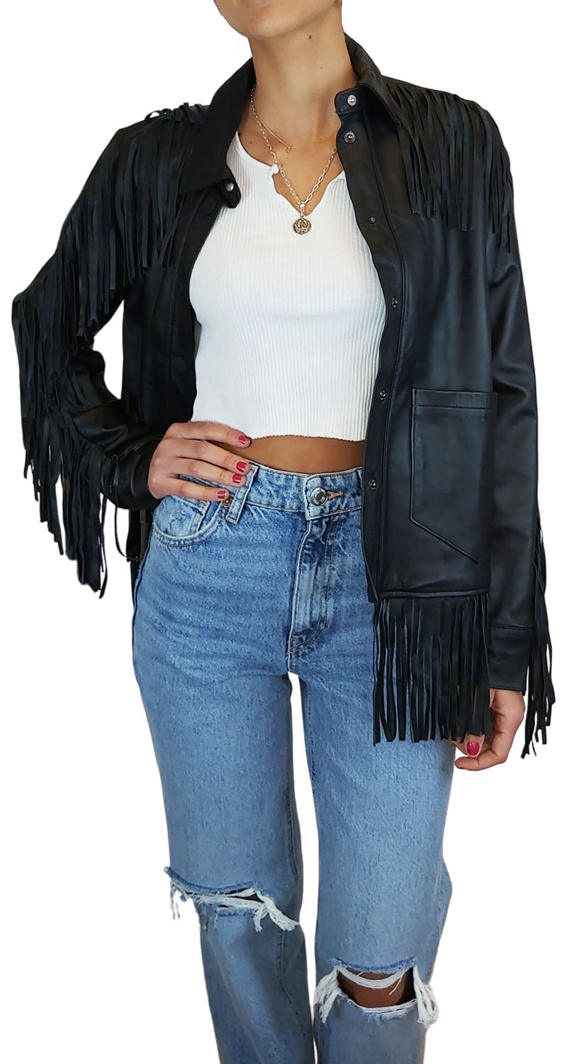 Chaqueta Cuero Negro Flecos
