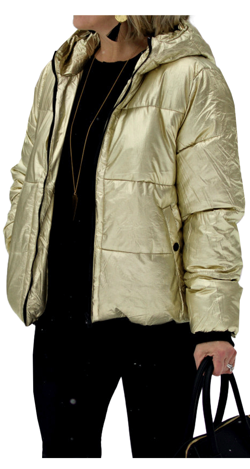 Metallic Gold Quilted Puffer Hooded Jacket