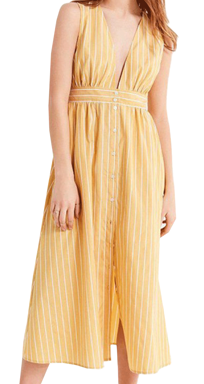 Striped Button-Down Plunging Dress