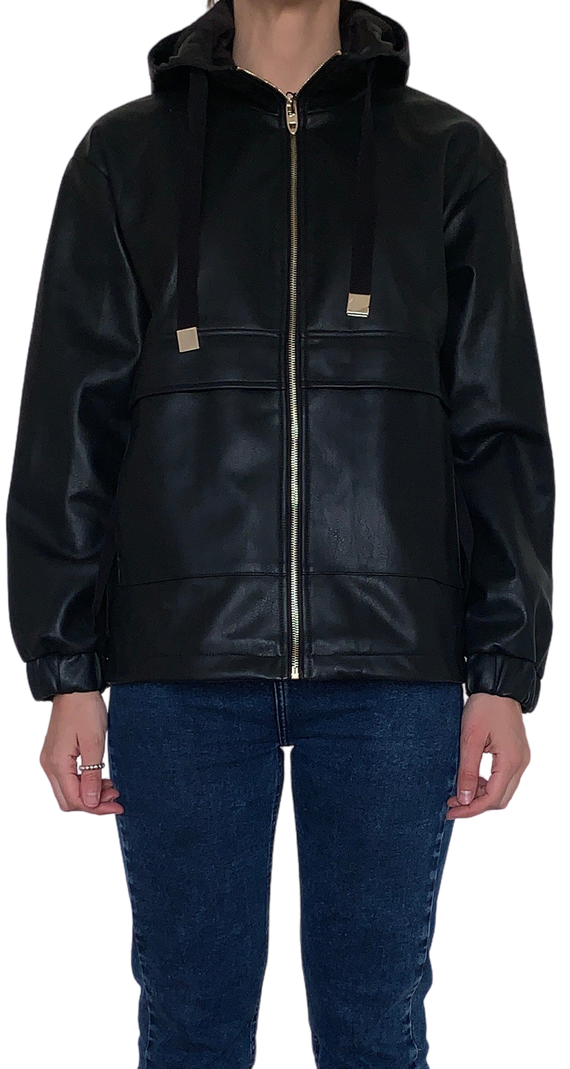 Faux Leather Jacket With Hood