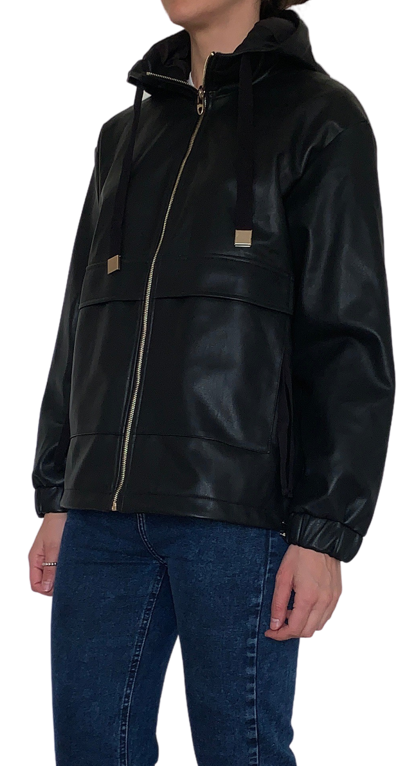 Faux Leather Jacket With Hood