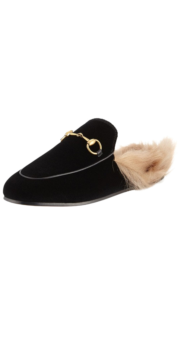 Mules Black Velvet Princetown Fur Flat