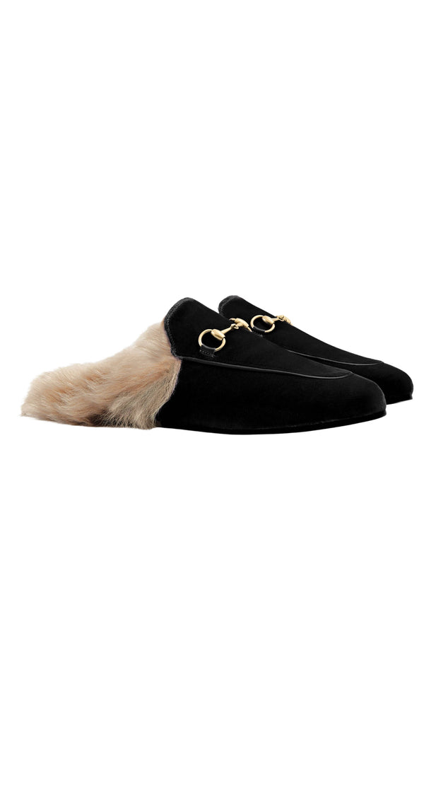 Mules Black Velvet Princetown Fur Flat