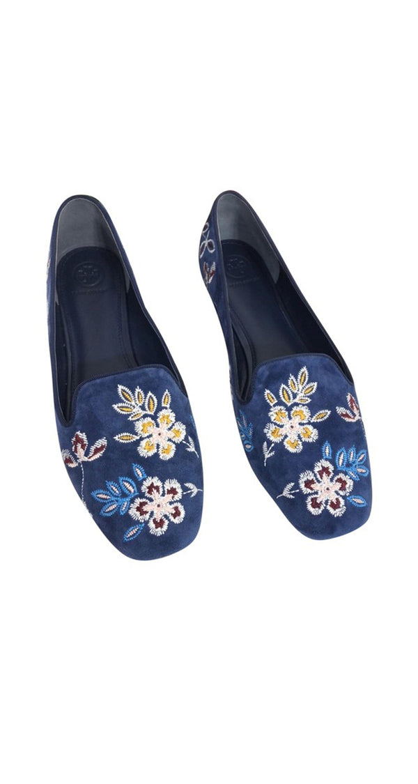Blue Embroidered Floral Suede Smoking Slipper Flats