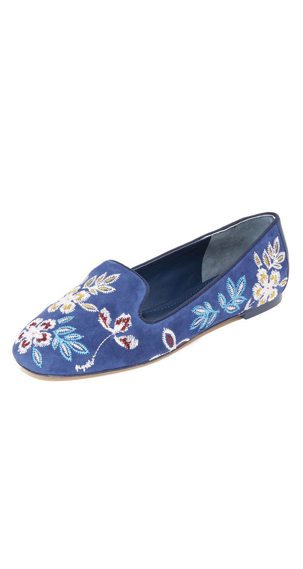 Blue Embroidered Floral Suede Smoking Slipper Flats