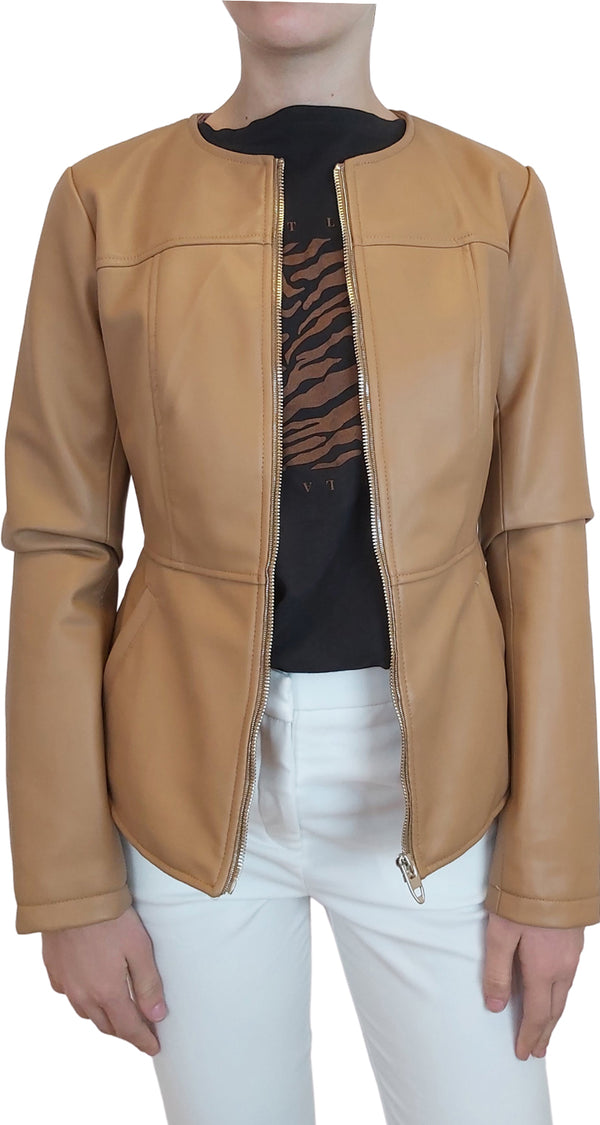 Chaqueta Doble Cierre Eco Cuero Camel