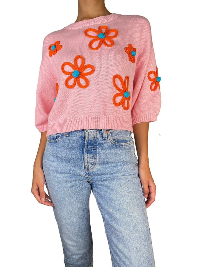 Sweater Rosado Floral Tejido