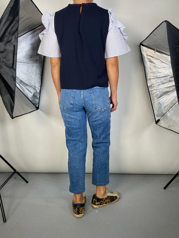 Polera Azul Manga De Vuelos